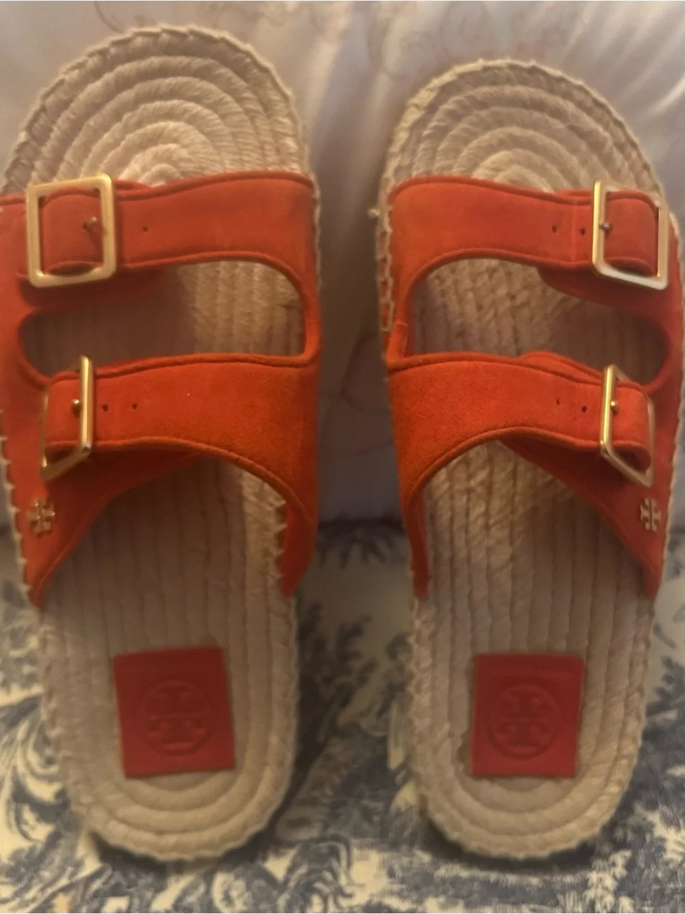 Tory Burch Selby Orange Suede Espadrille Slide Sandals Size 7 EUC